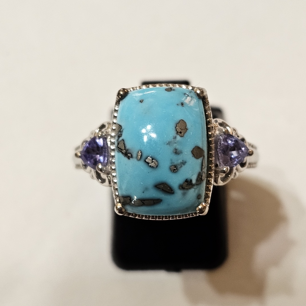 Natural Turquoise Pyrite & Tanzanite Ring in Platinum/925 Sz 9! - Picture 3 of 7